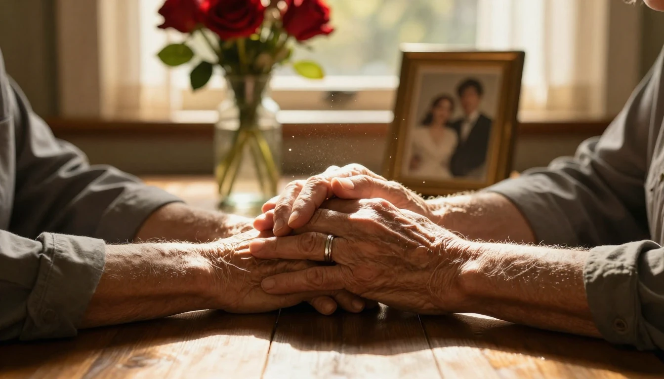A cinematic close-up shot of an elderly couple's hands holdi...