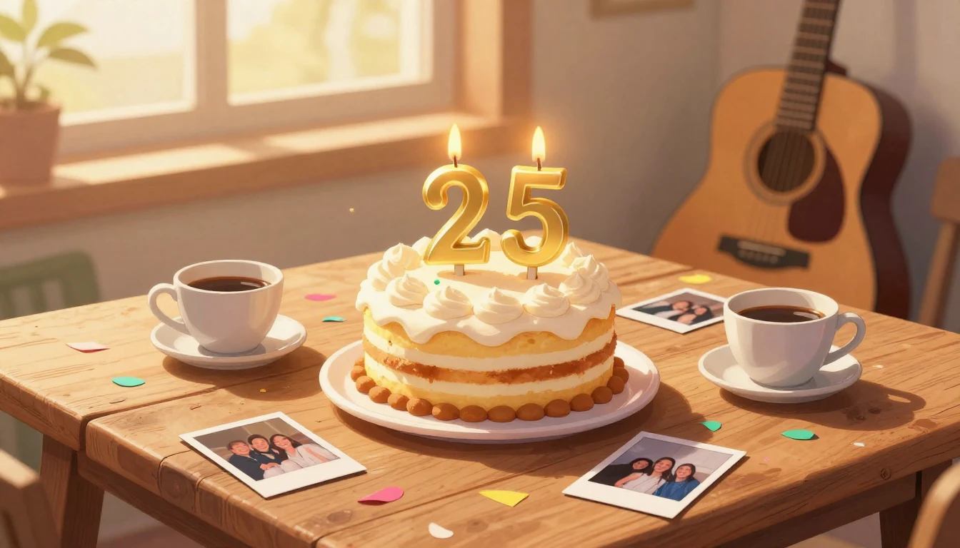 A warm and nostalgic illustration celebrating a 25th birthda...