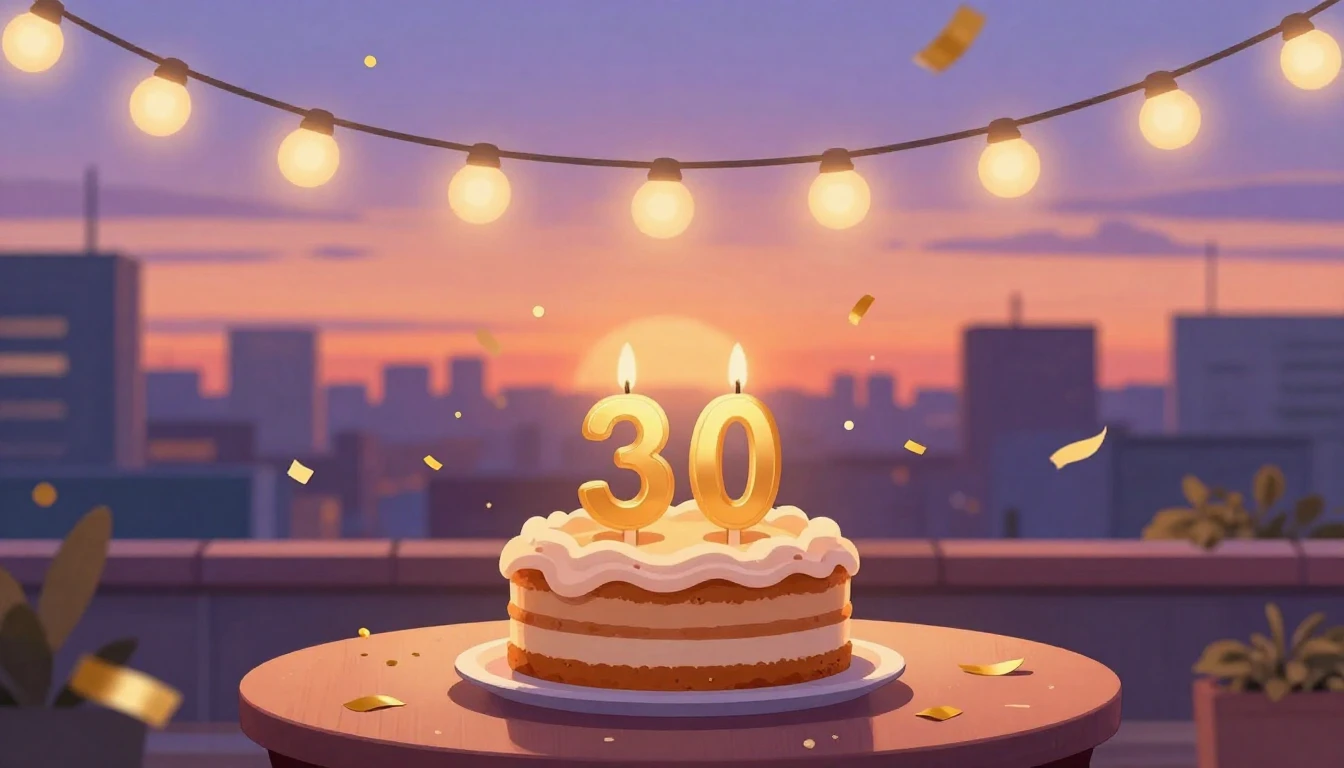 A warm and celebratory illustration of a 30th birthday party...