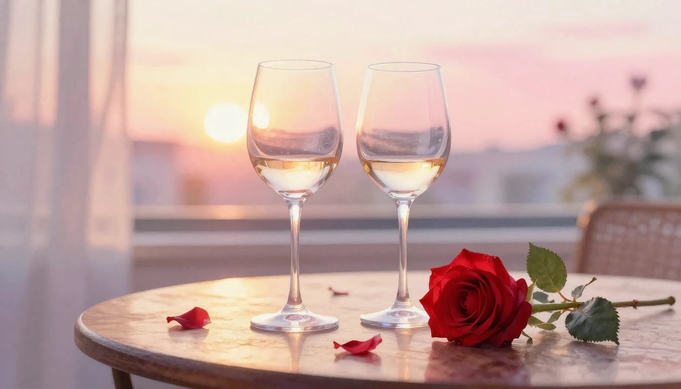 A delicate watercolor painting of two elegant wine glasses s...