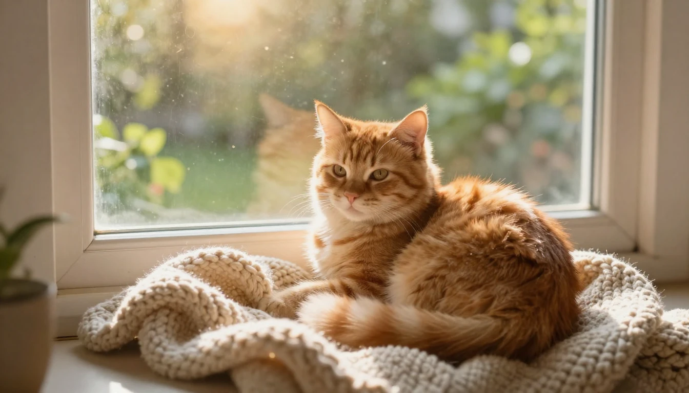 A cozy indoor scene featuring a fluffy ginger cat curled up ...