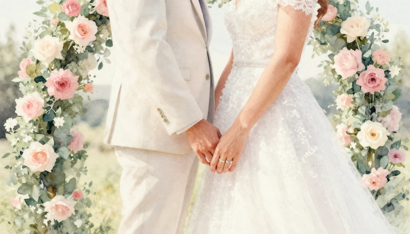 A romantic watercolor painting of a bride and groom holding ...