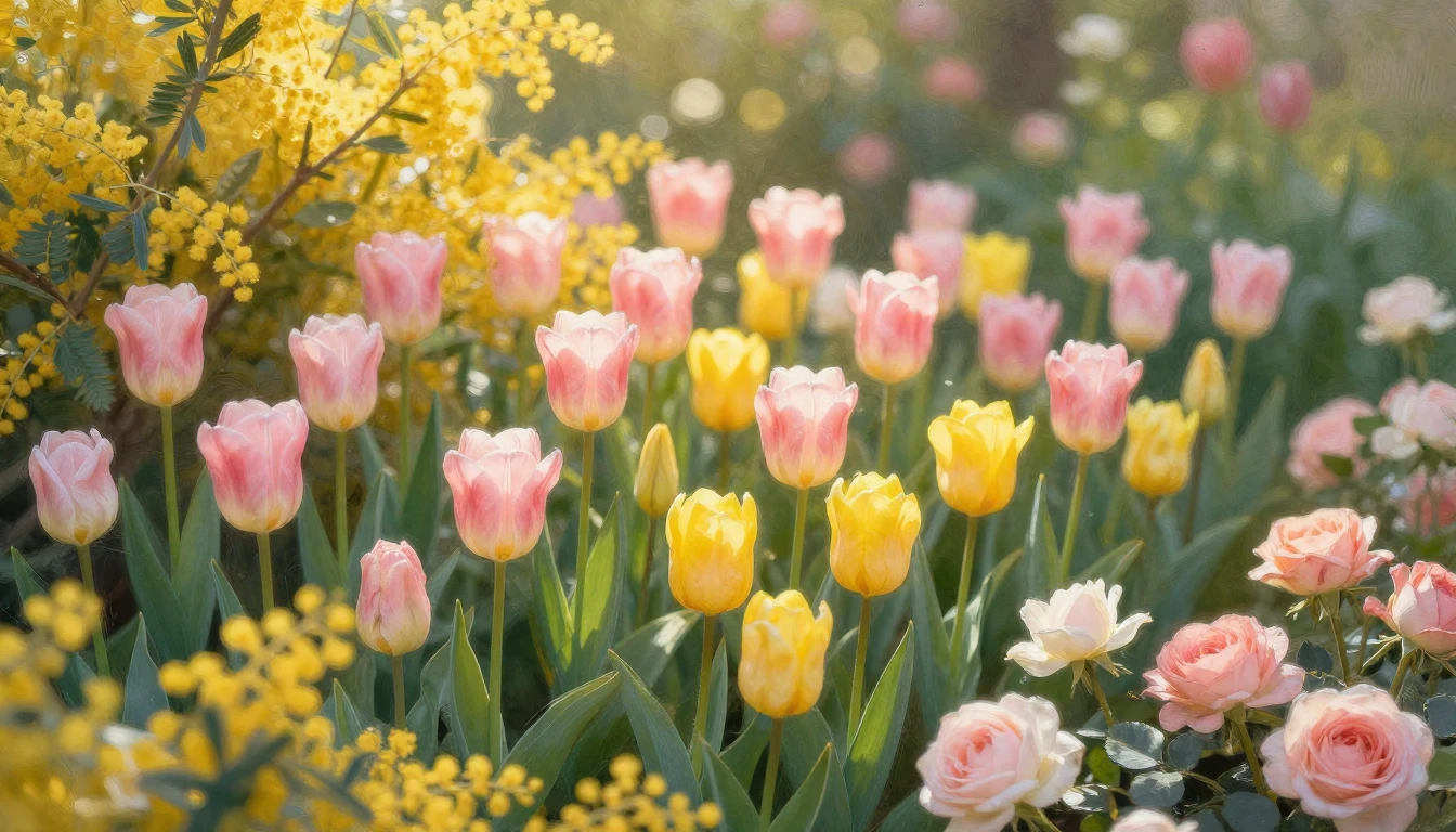 A vibrant and lush spring garden filled with blooming tulips...
