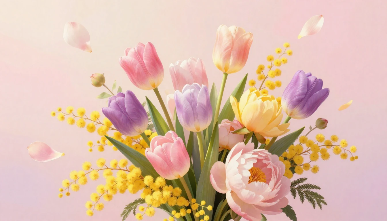 A beautiful and vibrant bouquet of spring flowers, including...