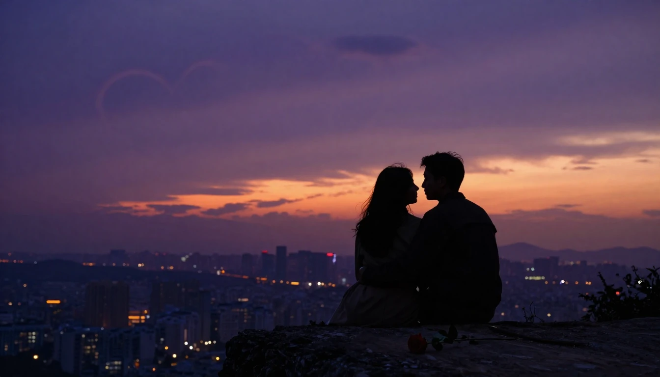 A romantic and atmospheric scene featuring a silhouette of a...