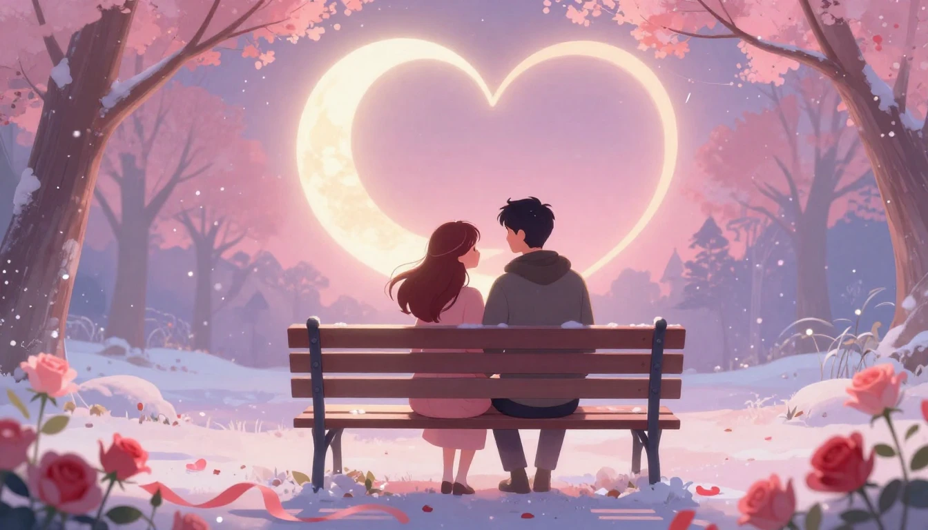 A romantic and dreamy illustration of a couple sitting on a ...