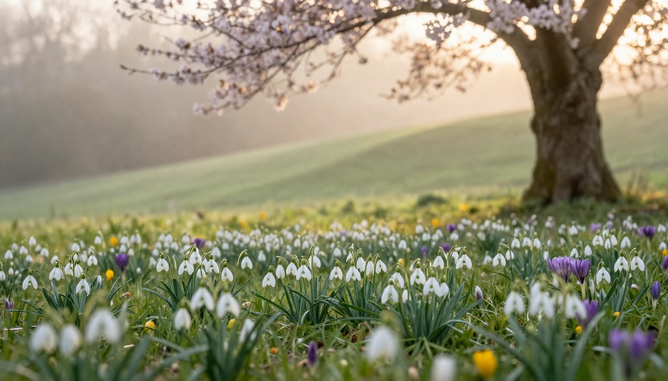 A serene spring landscape featuring a meadow filled with del...