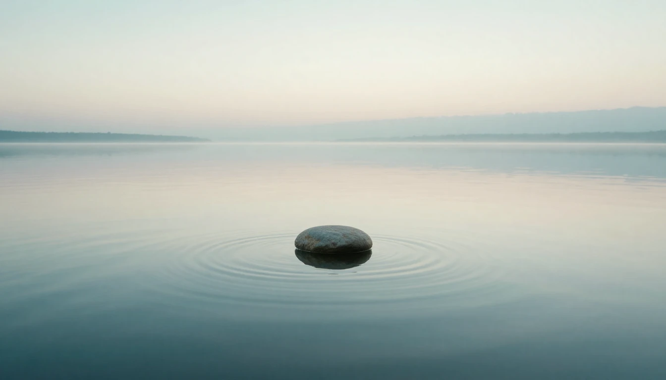 A serene and minimalist landscape featuring a calm, mirror-l...