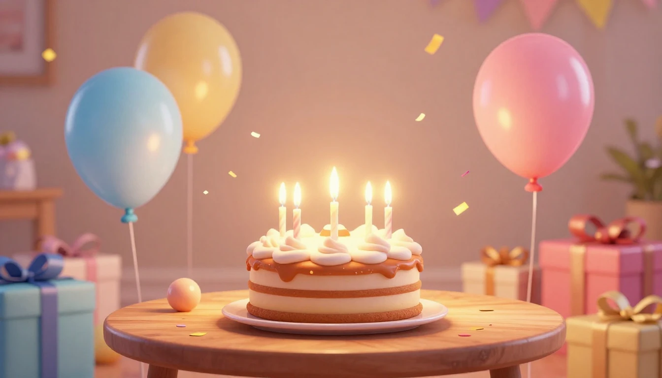 A festive and magical birthday atmosphere in a cozy room. In...