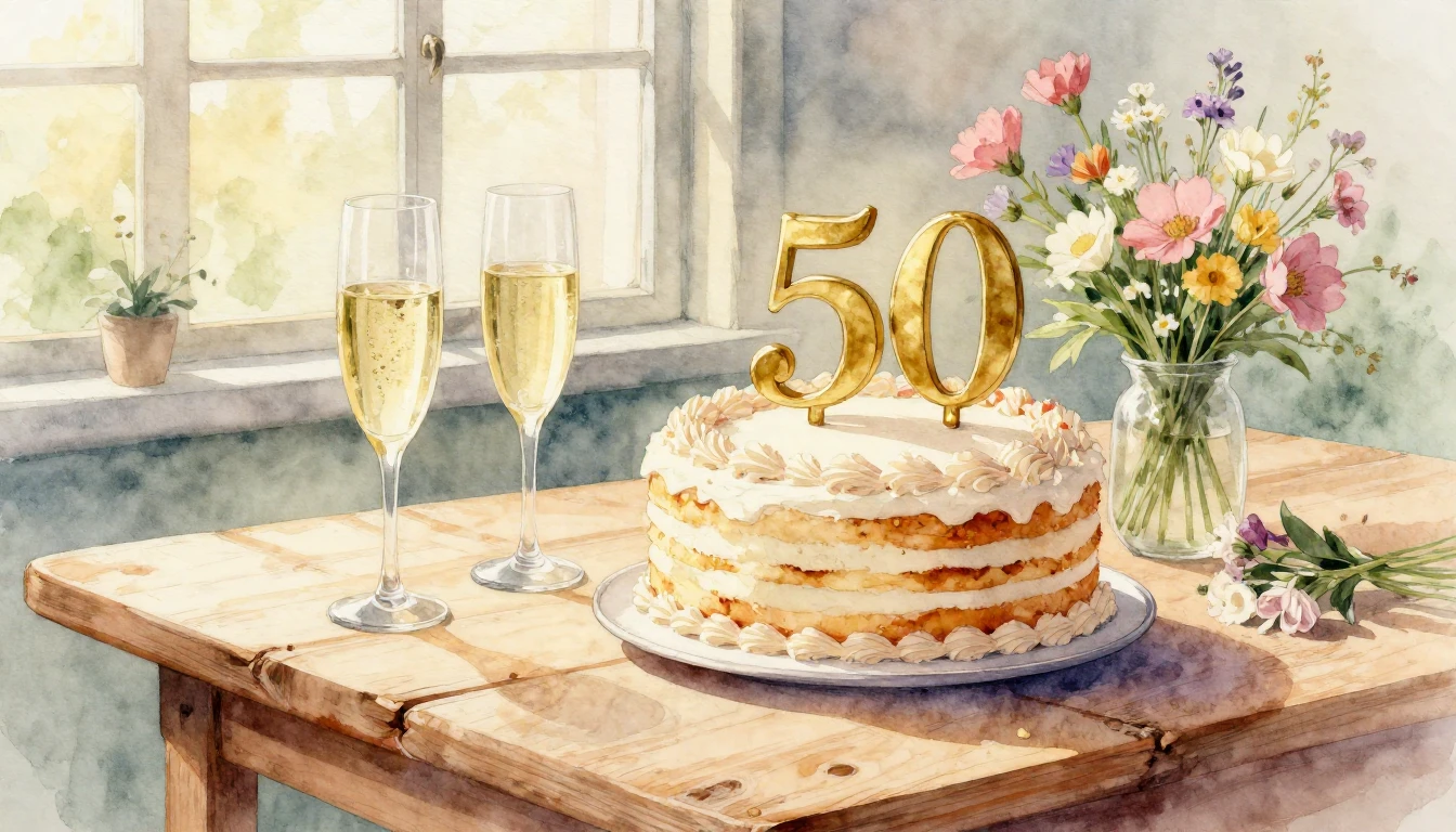 A beautiful and soft watercolor painting celebrating a 50th ...