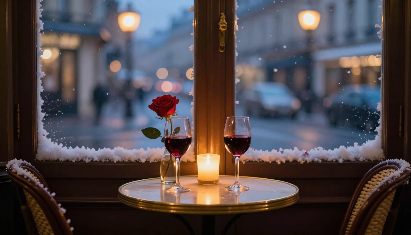 A romantic and intimate scene set in a cozy Parisian cafe at...