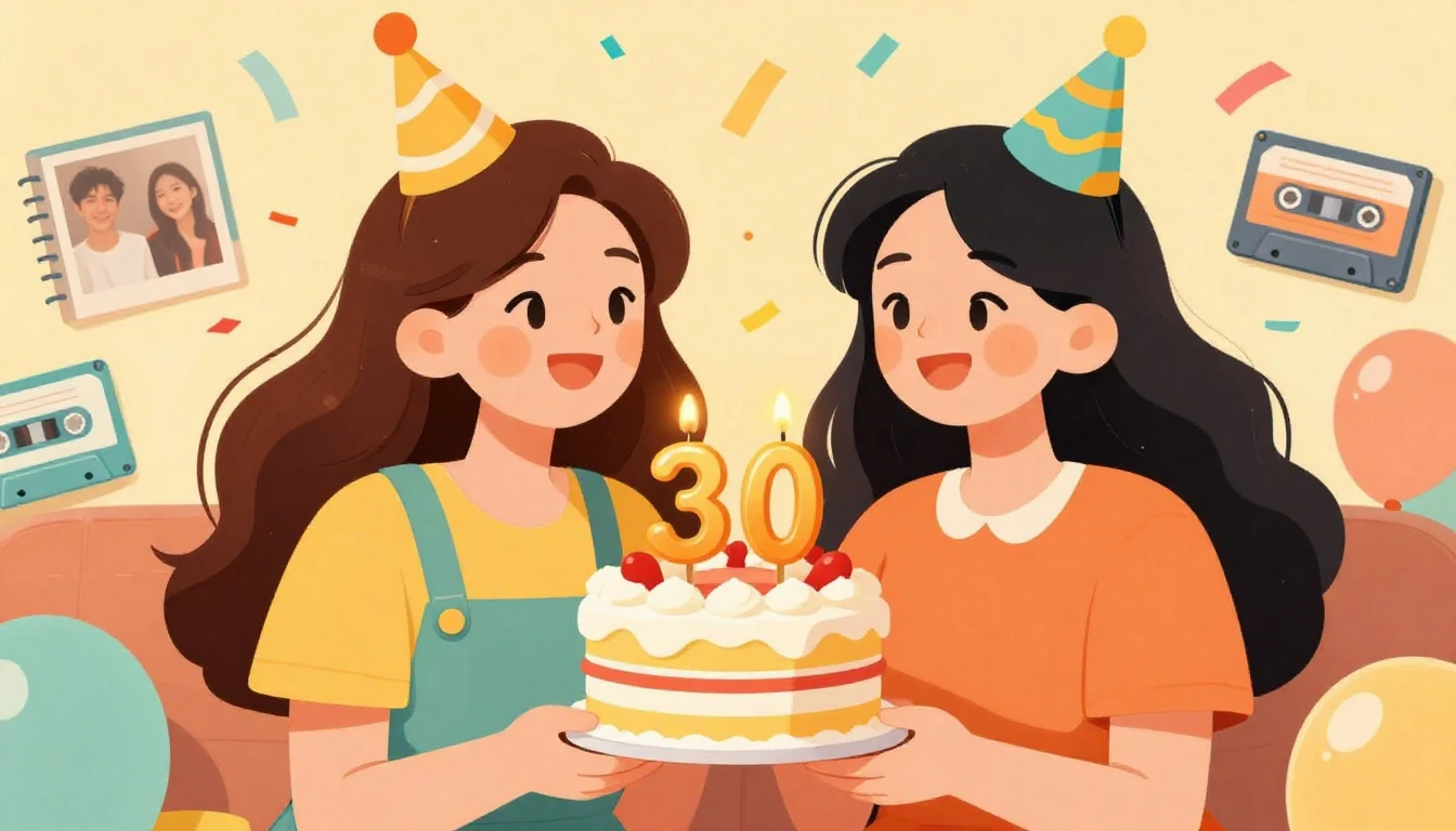 A warm and festive illustration of two best friends celebrat...