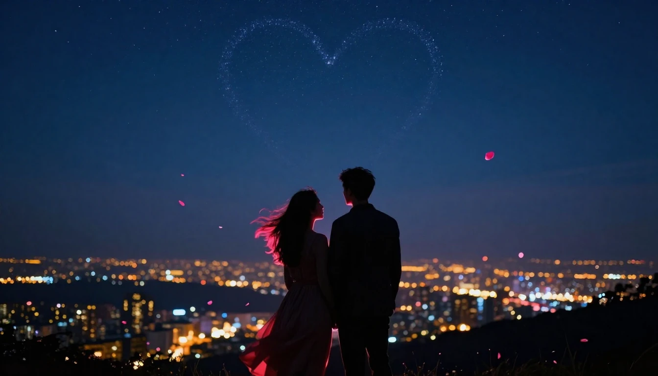 A romantic and atmospheric scene featuring silhouettes of a ...