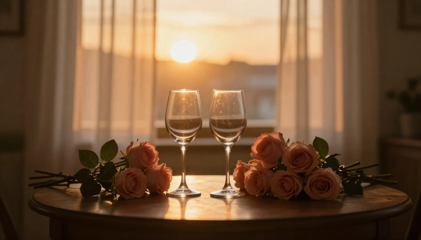 A cozy, dimly lit room during a golden sunset. Two elegant w...