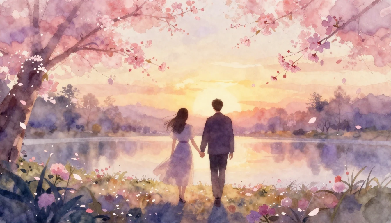 A soft watercolor painting of two silhouettes walking hand-i...