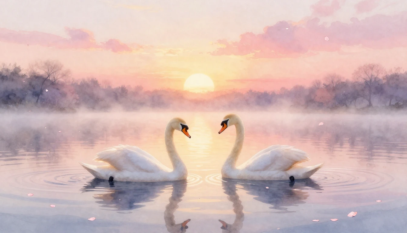 A soft watercolor painting of two elegant swans gliding on a...