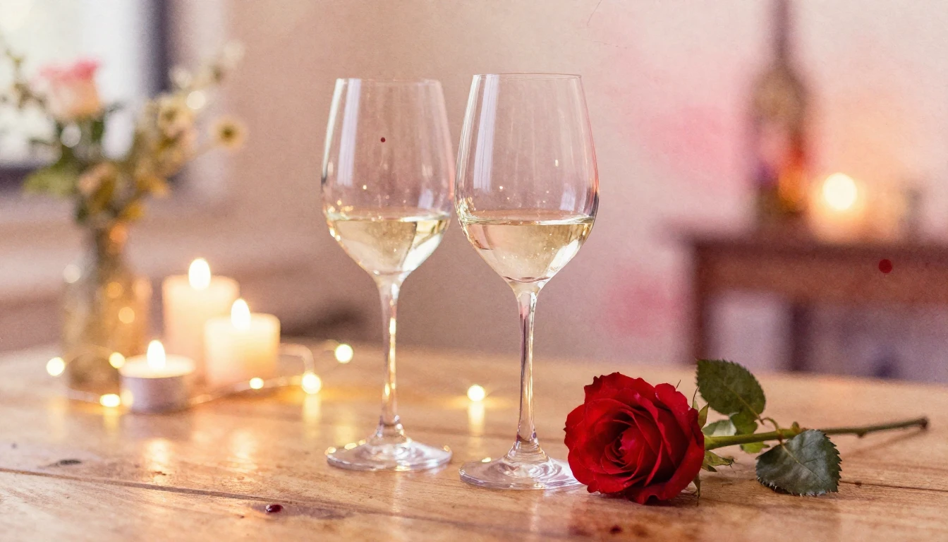 A soft watercolor painting of two elegant wine glasses stand...