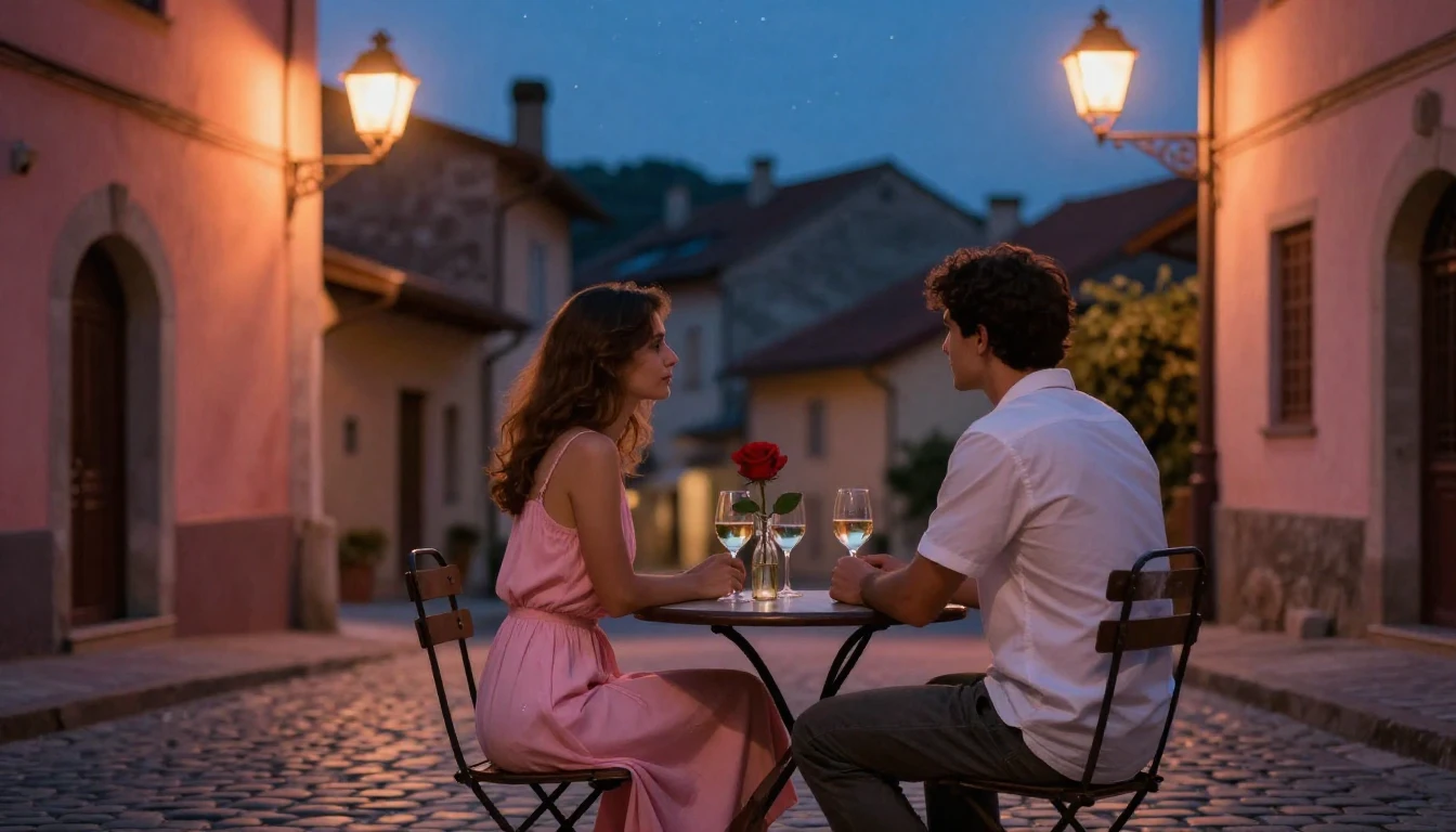 A romantic scene featuring a couple sitting at a small, roun...