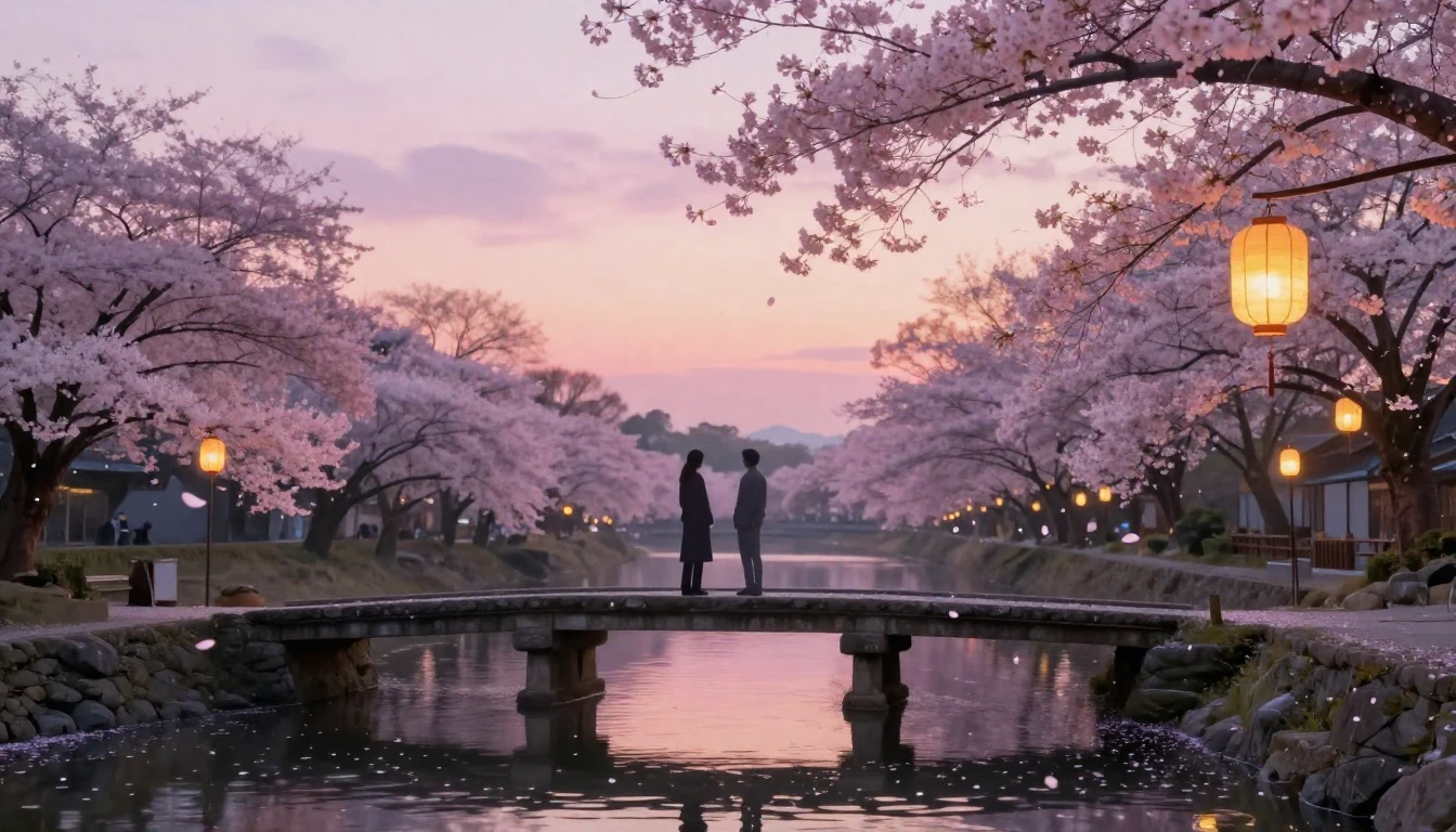 A dreamy and ethereal scene of two silhouettes standing on a...