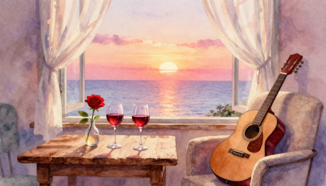 A soft and romantic watercolor painting depicting a cozy int...