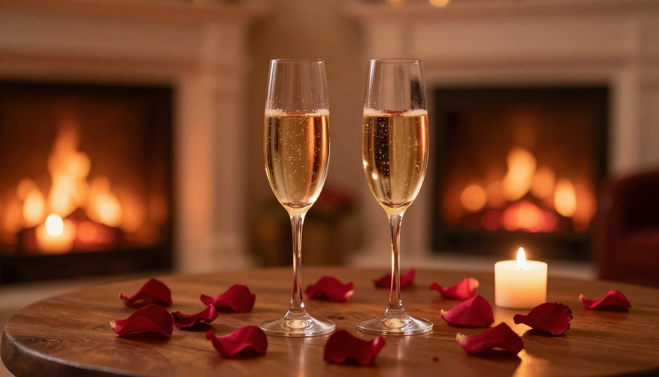 A serene and romantic scene featuring two elegant glasses of...