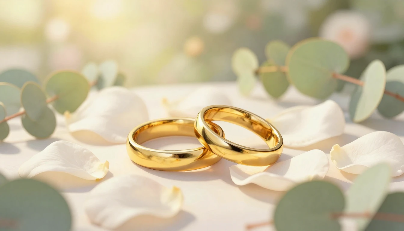 Close-up illustration of two golden wedding rings interlocke...