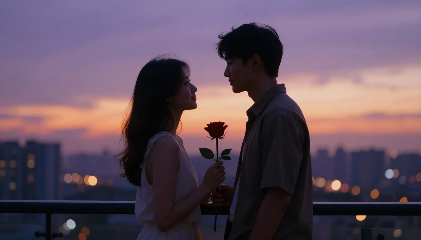 A cinematic shot of a romantic couple standing on a balcony ...