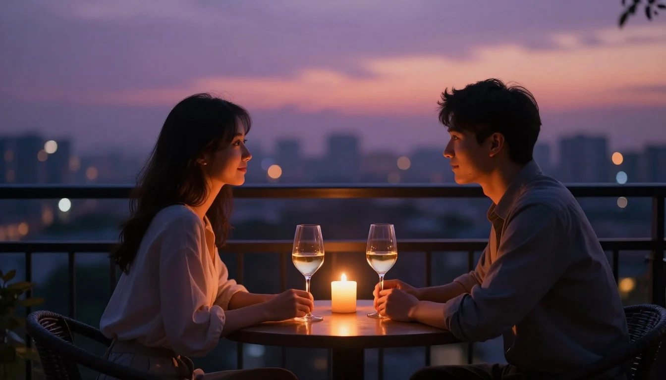 An intimate table for two set on a balcony overlooking a sof...