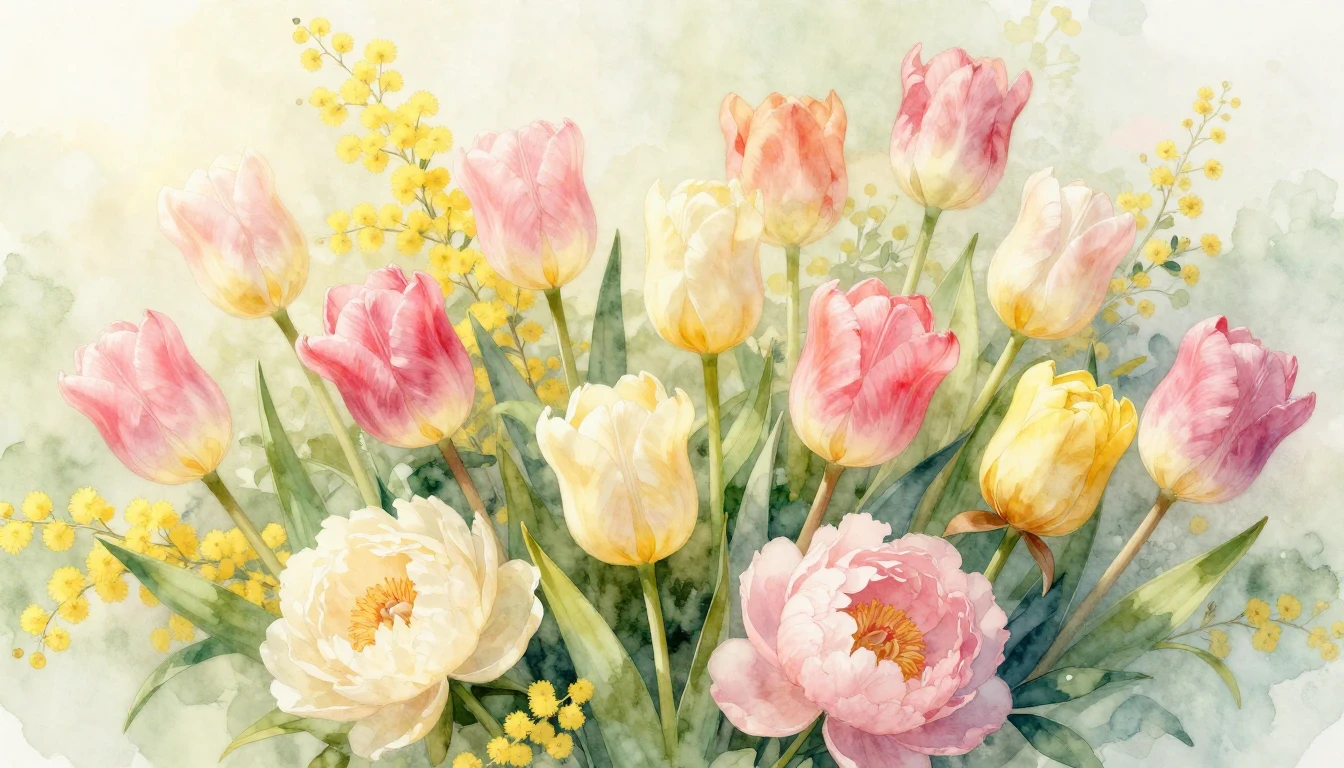 A vibrant and delicate watercolor painting of a lush spring ...