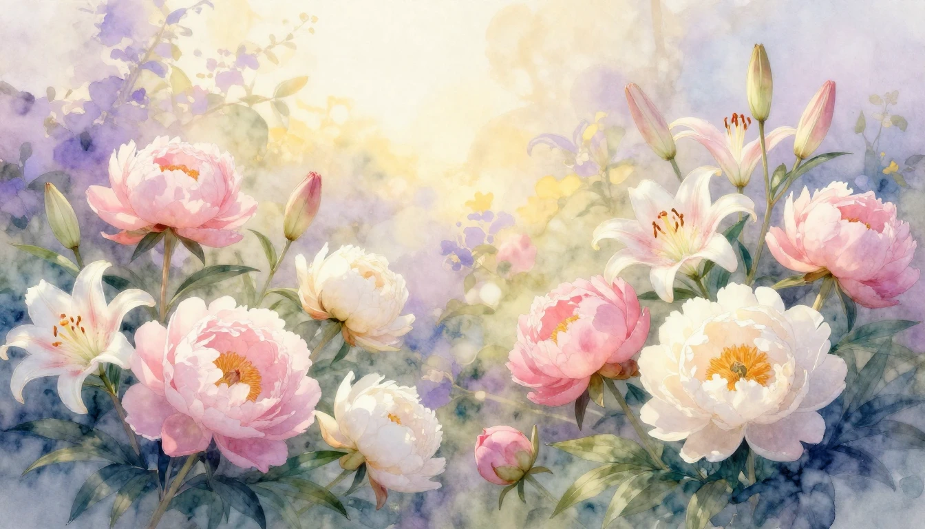 A beautiful, soft watercolor painting of a blooming garden a...