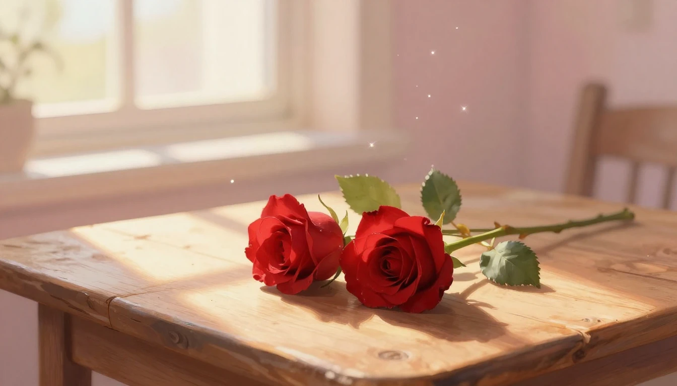 A dreamy illustration of two delicate red roses intertwined ...