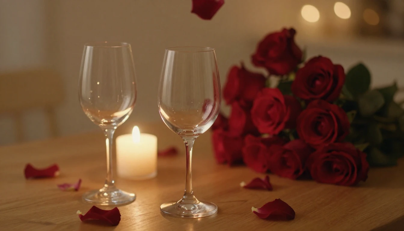 A soft, dreamy scene featuring two elegant wine glasses on a...