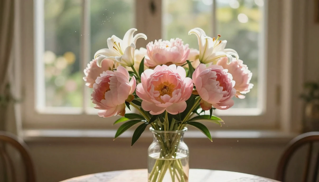 A delicate and beautiful composition featuring a bouquet of ...