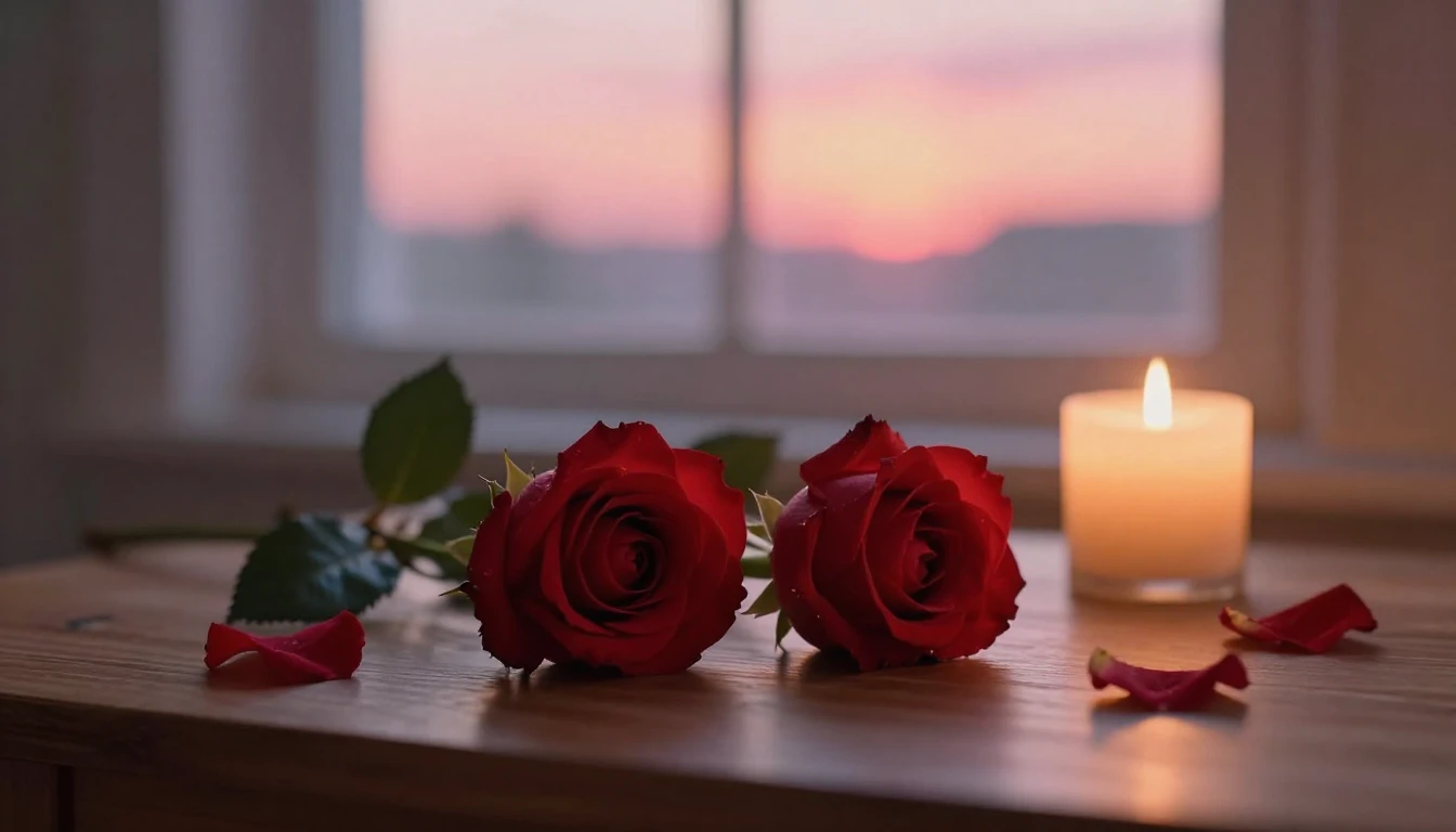 A dreamy and romantic scene featuring two delicate red roses...