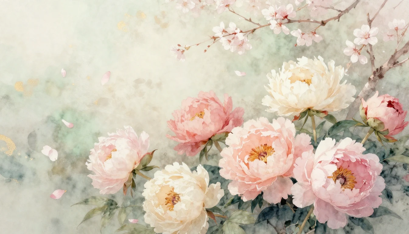 A beautiful watercolor painting of blooming peonies and deli...
