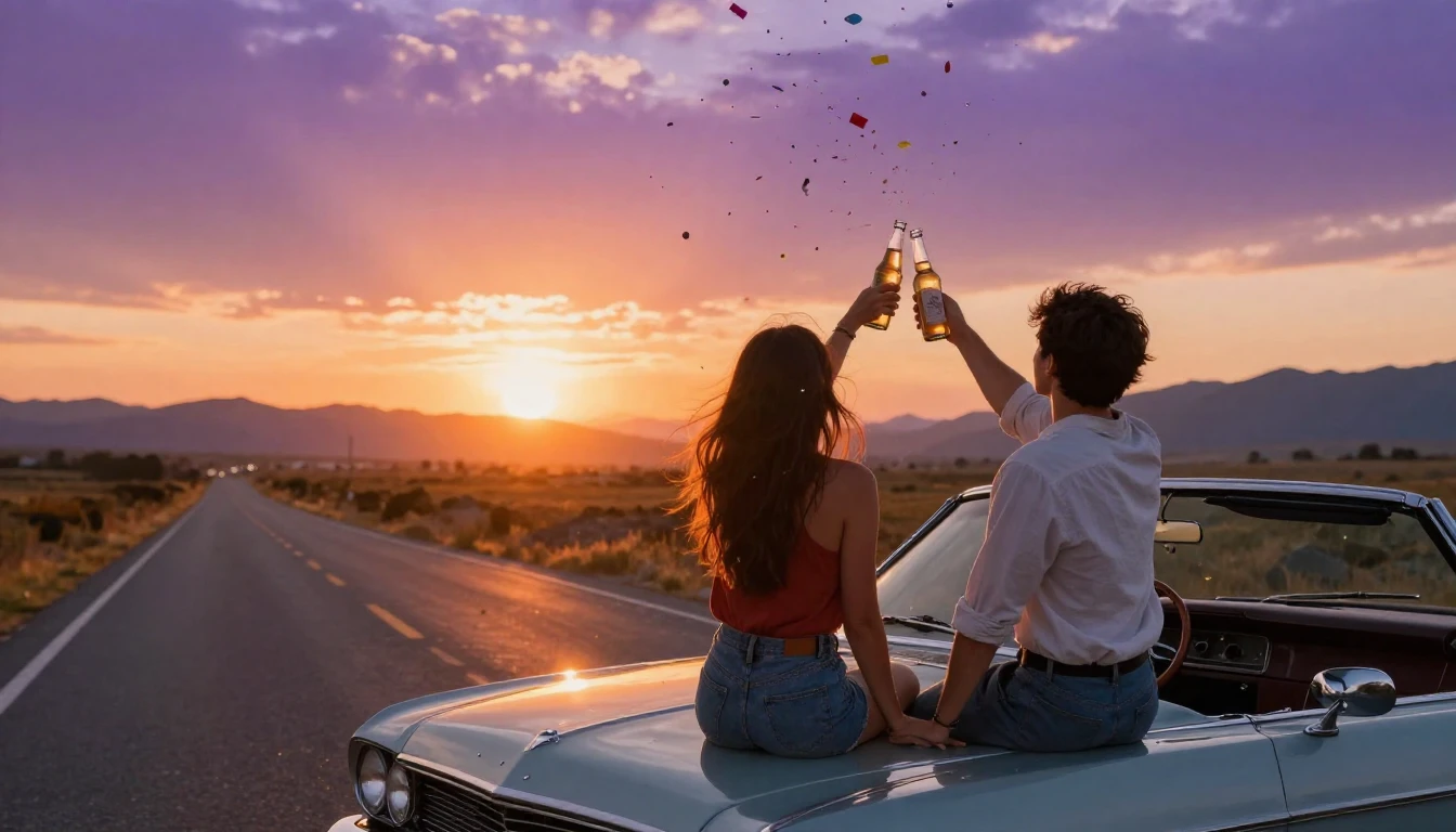 A nostalgic and vibrant scene of two friends sitting on the ...