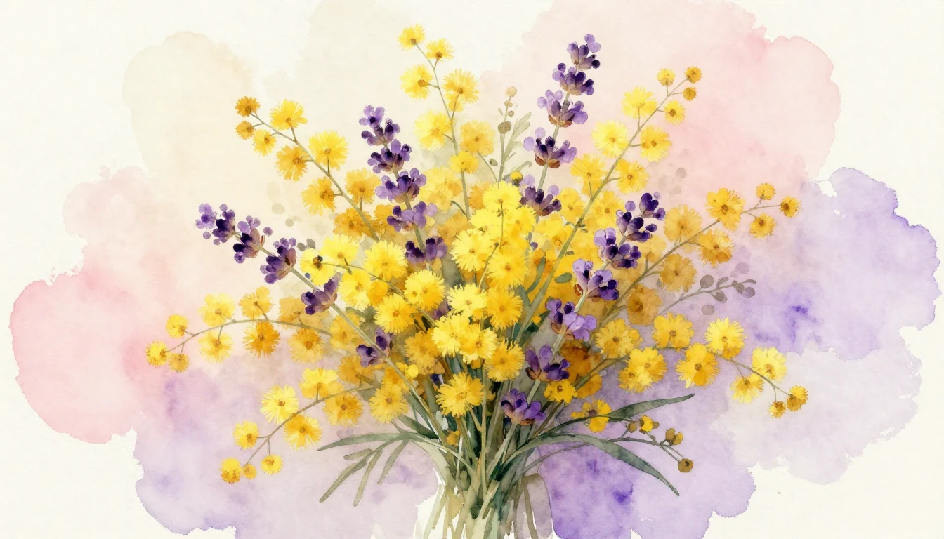 A delicate watercolor painting featuring a lush bouquet of y...