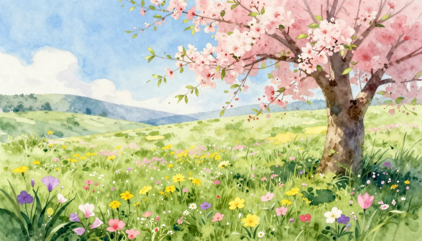 A breathtaking watercolor painting of a lush spring meadow f...