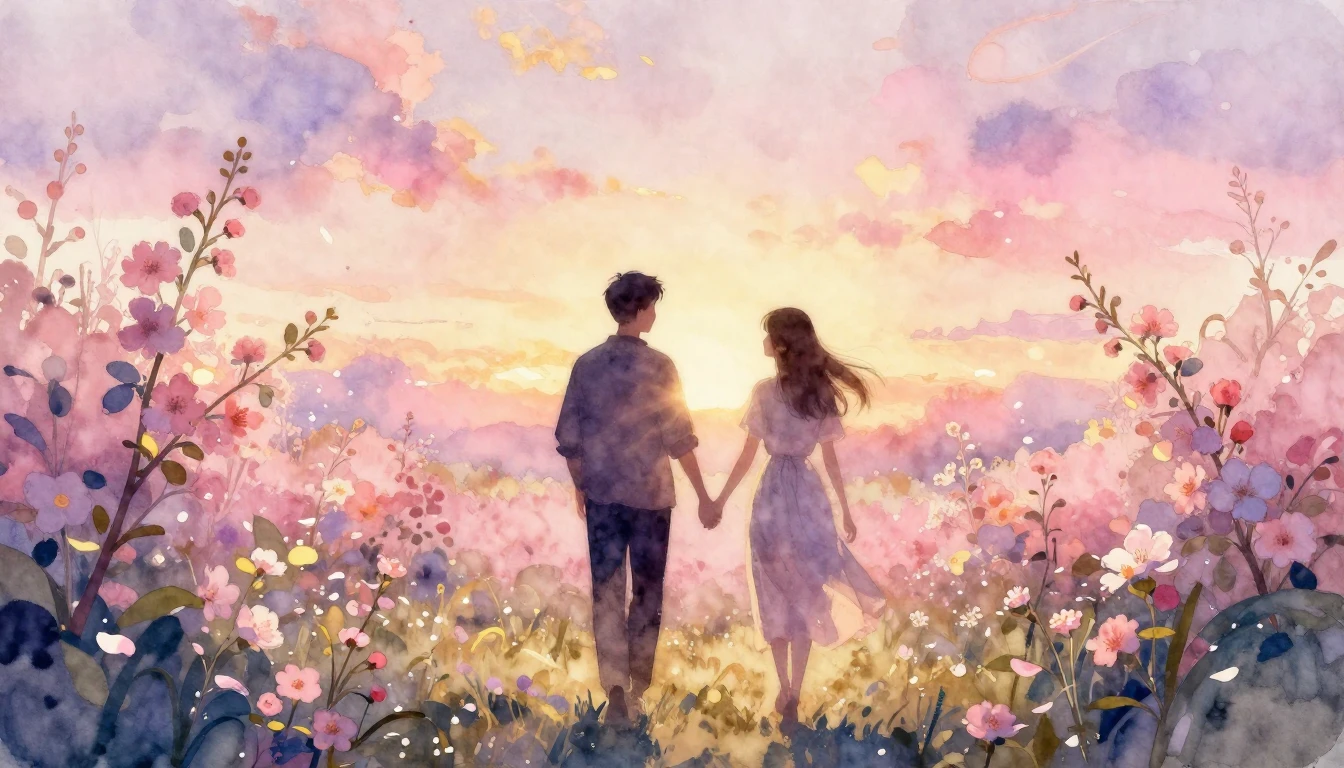 A beautiful watercolor painting of two silhouettes walking h...