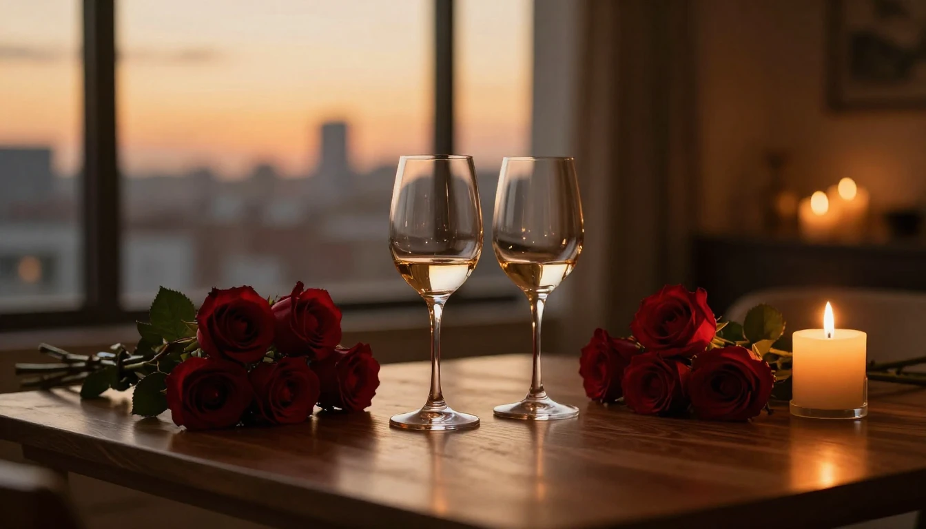 A cozy, dimly lit room during a golden sunset. Two elegant w...