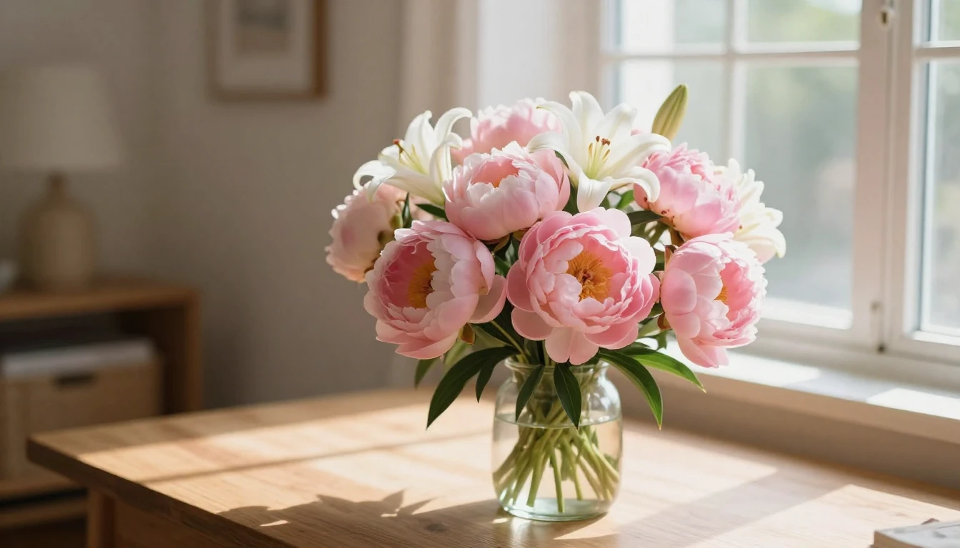 A beautiful bouquet of soft pink peonies and white lilies si...