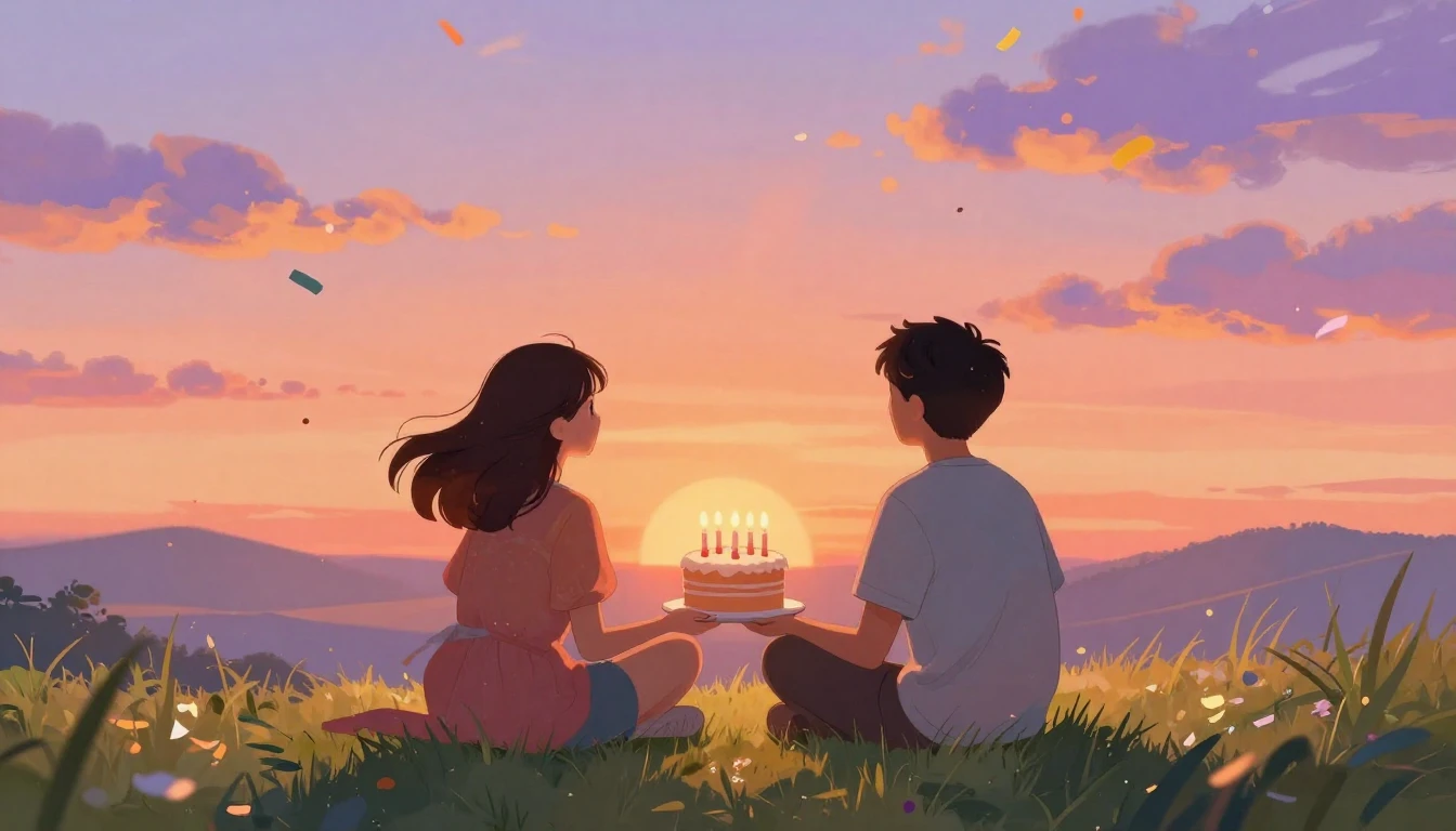 A warm and colorful illustration of two friends sitting on a...