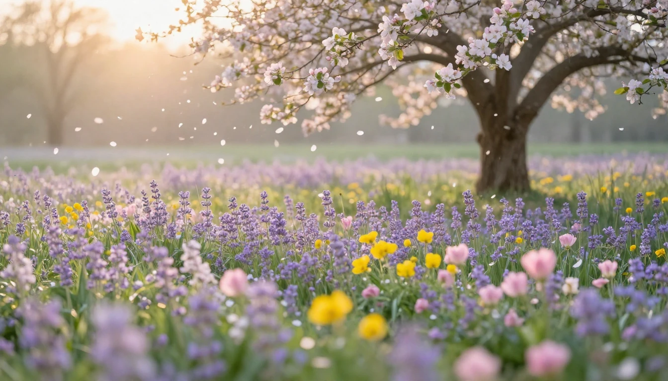 A serene landscape of a vast spring meadow at dawn. Soft-foc...