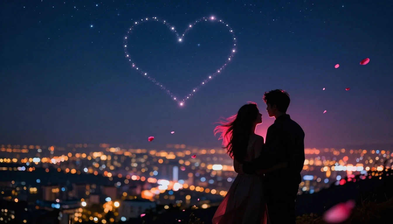 A romantic and atmospheric scene featuring silhouettes of a ...