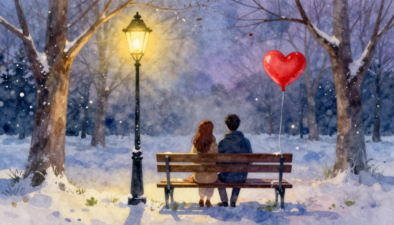 A romantic watercolor painting of a couple sitting on a wood...