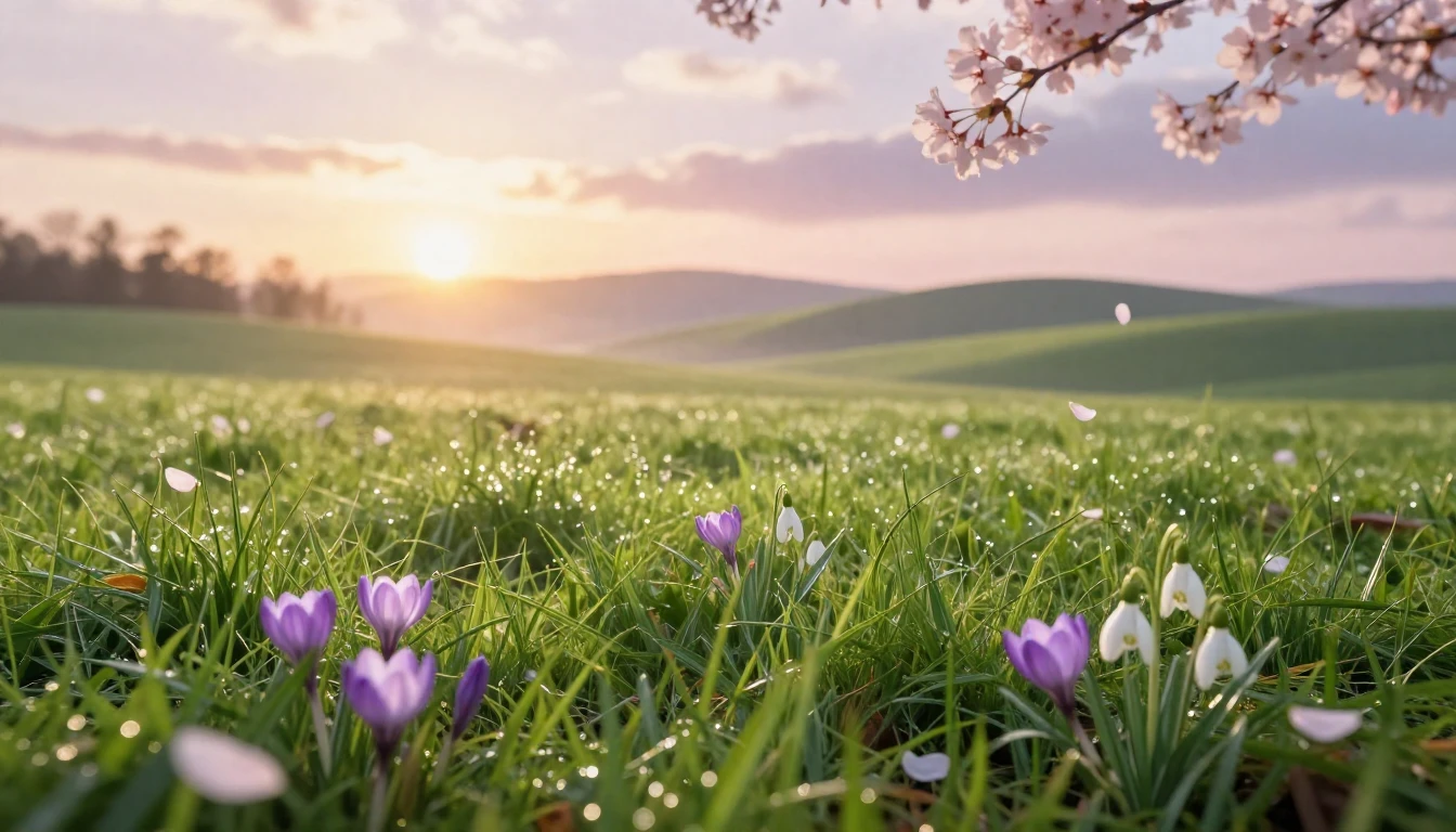 A breathtaking landscape of a lush green meadow at sunrise. ...