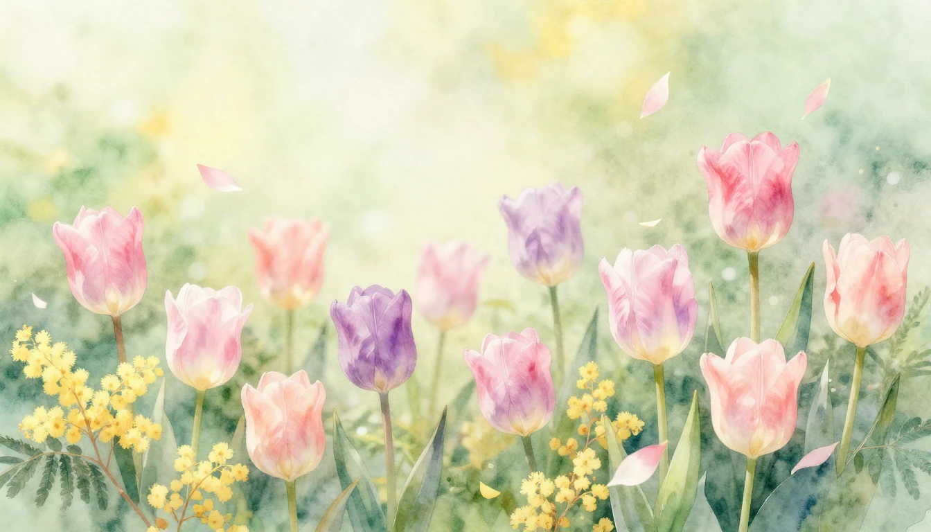A delicate watercolor painting of a blooming spring garden. ...