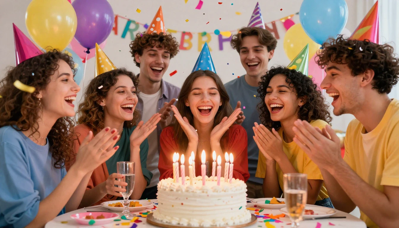 A vibrant and colorful birthday party scene, a group of joyf...