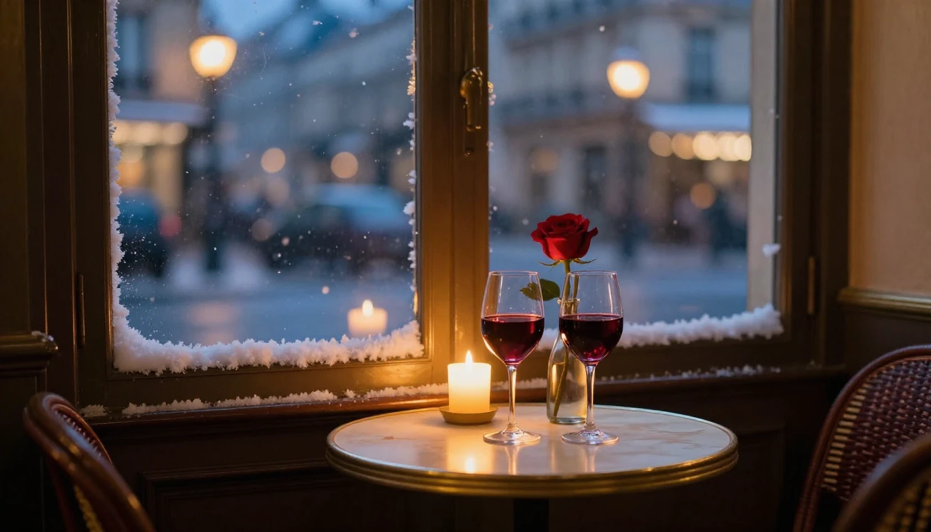 A romantic and intimate scene set in a cozy Parisian cafe at...