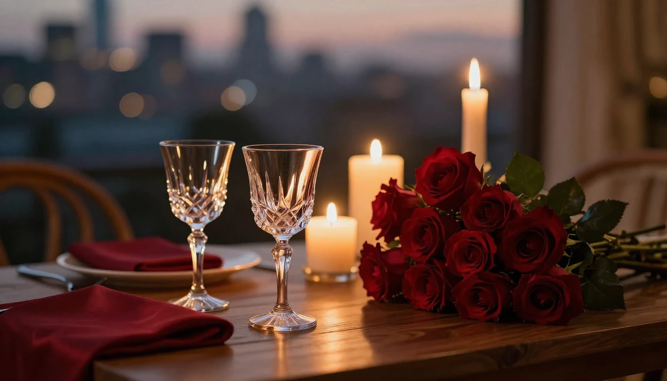 A high-detail photorealistic scene of a romantic dinner sett...